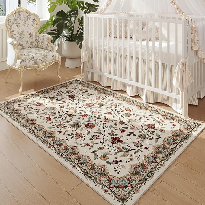 Rugcomf Vintage Paisley 3'x5' Area Rug - Machine Washable, Non-Slip Low Pile Small Floral Carpet for Bedroom, Bedside, Kitchen, Entryway, Kids/Girls Room, Office - Beige
