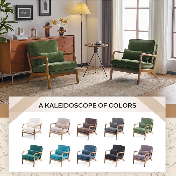 VINGLI Chenille Mid-Century Modern Accent Chair, Cute Reading Arm Chair with Cushion & Lumbar Pillow & Solid Wood Frame for Lounge, Living Room, Reading Room, Bedroom, Olive-Green