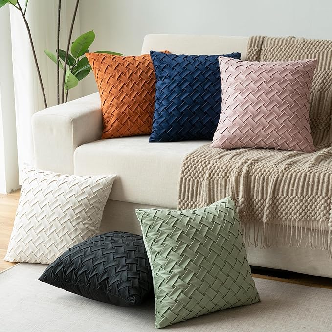 Velvet Decorative Throw Pillow Covers Set of 2, 18x18 Inch Soft Modern Weave Cushion Case, Farmhouse Home Decor Pillowcase for Sofa Living Room Couch Bed Blush