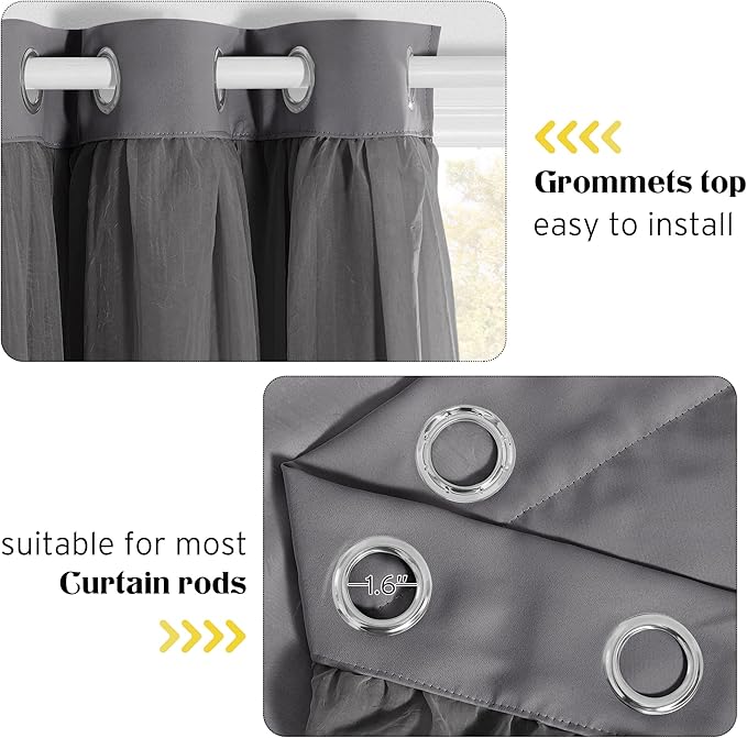 NICETOWN 84 inches Long Grommet Top Mix and Match Curtain Set, Crushed Sheer & Thermal Insulated Blackout Drapes with Tiebacks for Living Room, 52 Wide, Grey, 2 Layers Per Panel, Sold as 2 Panels