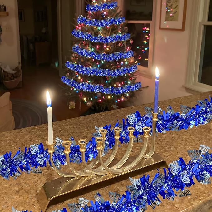 Hanukkah Decorations, 32 FT Hanukkah Garland with Menorah and Star of David Sequins Ornaments Blue Artificial Tinsel Twist Garland for Chanukah Home Indoor Outdoor Party Table Door