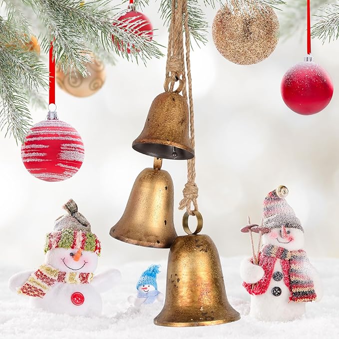 Styleonme Decorative Bells, 3-Piece Set of Harmonious Bells, Vintage Handmade and Rustic Lucky Christmas Bells Hanging on a Rope, Gifts for Mom, Grandma, and Women