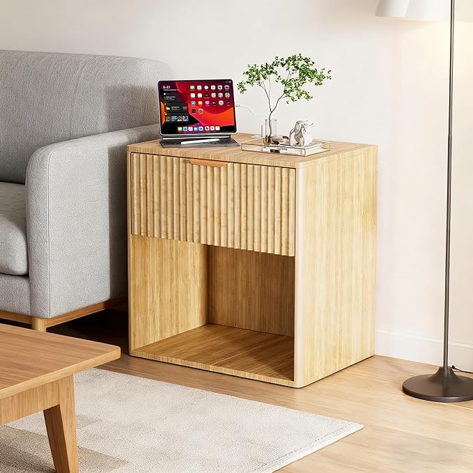 Mid Century Modern Nightstand - Single Drawer Wood Frame Bedside Table with USB Ports & Charging Outlets, Easy Assembly End Table for Bedroom