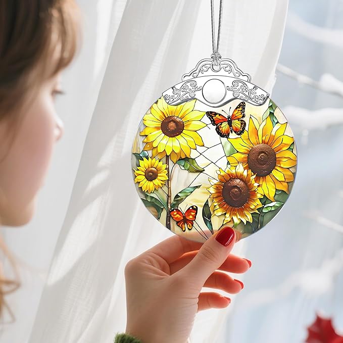 Stained Glass Ornament, Christmas Ornament, Hanging Ornaments for Home Decor & Christmas Tree Ornaments – Exquisite Holiday Decor, Xmas Gifts & Holiday Present - Sunflower & Butterfly