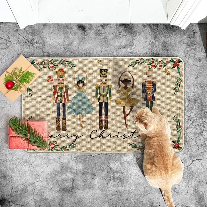 Artoid Mode Watercolor Nutcrackers Merry Christmas Doormat, Seasonal Winter Low-Profile Rug Switch Mat for Indoor Outdoor 17x29 Inch