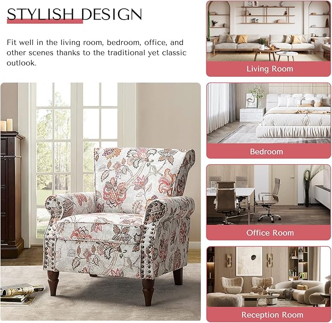 HULALA HOME Modern Wingback Accent Chairs Set of 2 with Wood Legs & Removable Cushion, Comfy Upholstered Armchairs with Nailhead Trim, Floral Pattern Single Sofa Chairs for Living Room Bedroom, Pink