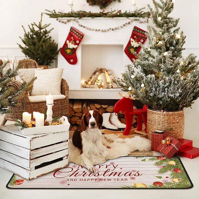 Merry Christmas Kitchen Rugs and Mats Set, Xmas Indoor Floor Mats for Winter, Merry Christmas (17"x47" + 17"x30")