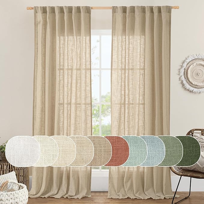LAMIT Living Room Linen Curtains - 90 Inch, Back Tab & Rod Pocket, Light Filtering, Burlap Textured Sheer Curtains for Farmhouse, 2 Panels, 52 x 90 Inch, Brown