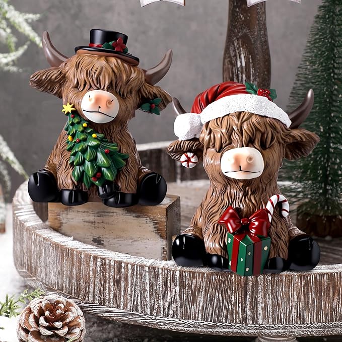 Karenhi 2 Pcs Highland Cow Figurines Christmas Poinsettia Candy Cane Tree Highland Cow Gnomes Scottish Resin Statue Calf Lovers Gifts for Xmas Home Garden Kitchen Office Tiered Tray Table Decor