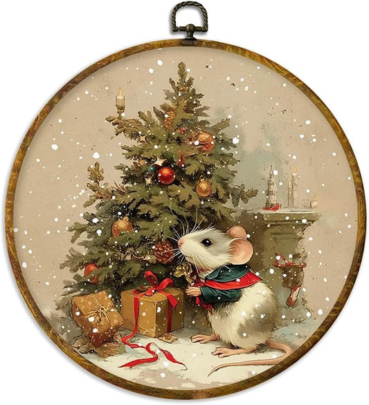 XPH Vintage Christmas Mouse Round Wall Art Framed, Retro Christmas Tree Rat Circle Wall Decor, Cozy Winter Xmas Animal Hanging Canvas Prints for Home Bedroom Living Room Decoration, 10x10 Inch