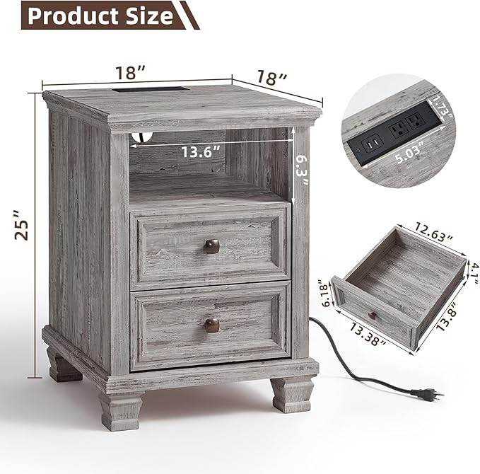 Farmhouse Nightstand with Charging Station, Rustic Grey Nightstand,2 Drawers End Table for Living Room,Bedside Table with Open Shelf for Bed Room,Grey
