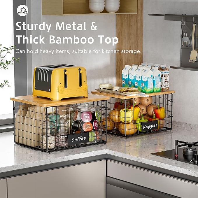 2 Pack Stackable Wire Baskets with Bamboo Top for Pantry Organizers and Storage, XXL Kitchen Organization Counter Basket for Fruit, Vegetable, Produce, Bread, Potato and Onion Storage Bins