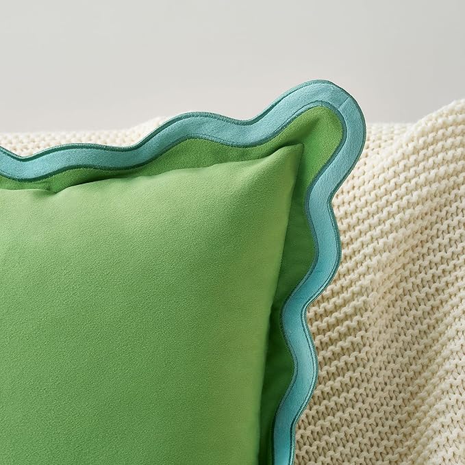 MONDAY MOOSE Decorative Throw Pillow Covers Cushion Cases, Set of 2 Soft Velvet Scalloped Wavy Edge Designs, Pillow Inserts Not Included (Light Blue/Light Green, 16x16 inch)