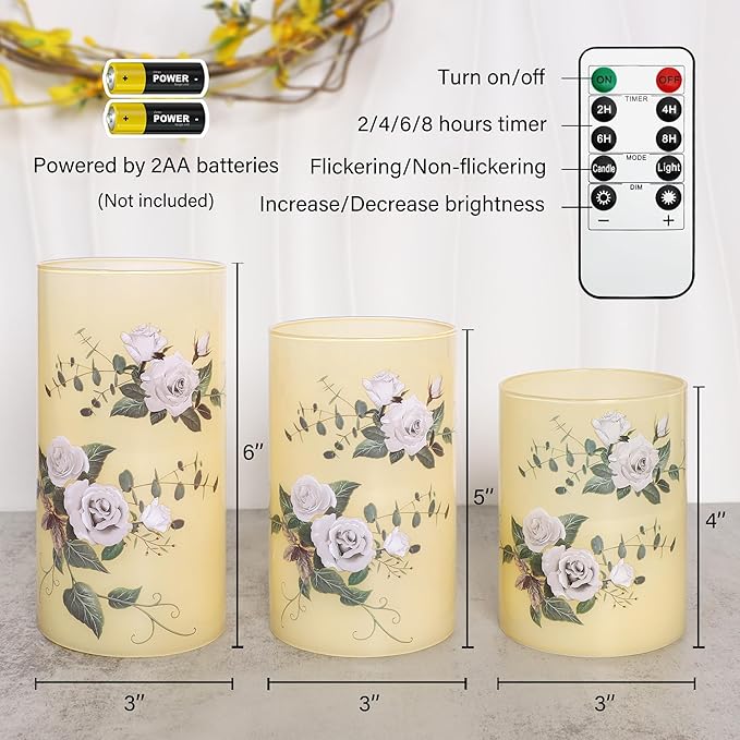 Flameless Candles with Remote & Timer, Love Theme Battery Operated Flickering Glass Rose LED Candles, Bedroom Home Christmas Summer Decor Table Ornament, Set of 3