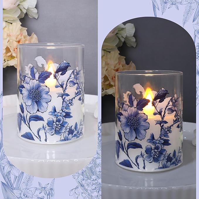 Flameless Candles Glass with Remote Control & Timer Function, Blue and White Porcelain Theme Design, Home Party Wedding Christmas Summer Decor, Set of 3
