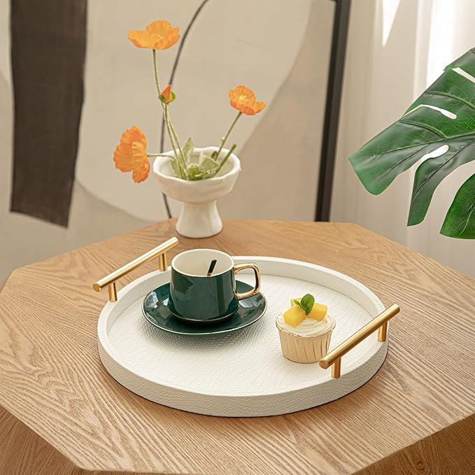 2 Piece White Round Serving Tray with Handles, Woven-Texture Faux Leather Ottoman Tray for Living Room, Decorative Tray for Coffee Table Home Decor
