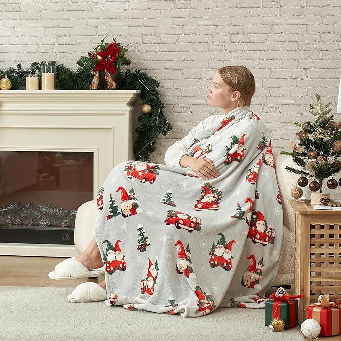 Cozy Bliss Gnome Throw Blanket Christmas Blanket Warm Plush Throw Blanket,Ultra Soft Cozy Blanket for Couch,Sofa and Bed(Xmas Gnome in Truck,50"x60")