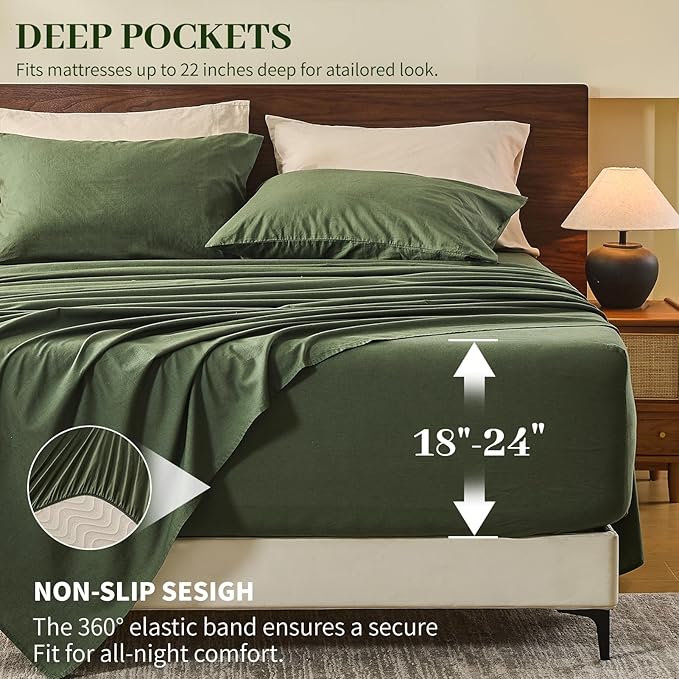 MEISHANG 100% French Pure Linen Sheets Queen Size - 6 PC Extra Deep Pocket Sheet Set, Soft Durable Flax Linen, Anti-Tear Breathable & Oeko-Tex Certified 18-24 Deep Pocket,All Season(Forest Green)