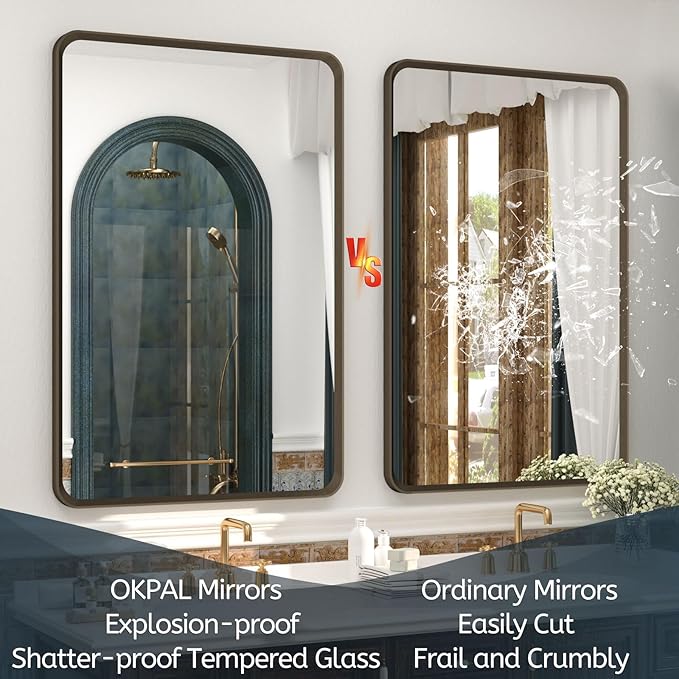 OKPAL 30x36 Bronze Bathroom Wall Mirror, Modern Brushed Metal Framed Mirror for Vanity, Bronze Rounded Rectangle Mirror, Anti-Rust, Tempered Shatterproof (Horizontal/Vertical)