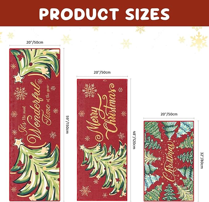 Yamaziot Christmas Kitchen Rugs Sets of 3, Non Slip Kitchen Mats for Floor with Rubber Backing, Holiday Christmas Trees Snowflake Runner Rug Decor Home Decorations for Kitchen, Laundry Room, Hallway