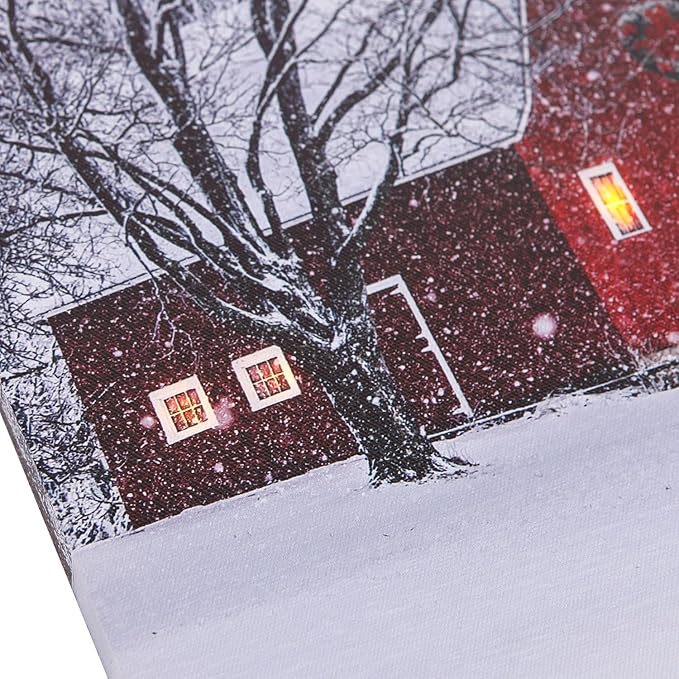NIKKY HOME 16" x 12" Christmas LED Lighted Canvas Wall Art Prints Light Up Red Barn House Snowman and Christmas Tree Picture Winter Snow Scene for Holiday Decor