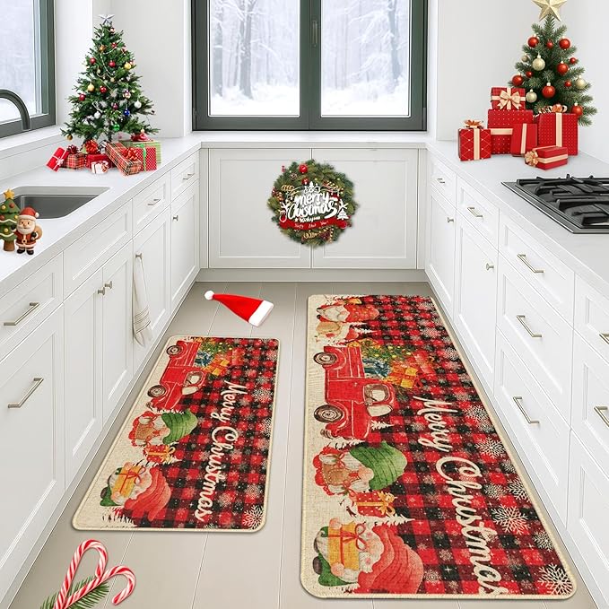 Christmas Trucks Red Buffalo Plaid Kitchen Rugs and Mats Non Skid Washable Set of 2, Gnome Xmas Kitchen Mats for Floor Decor