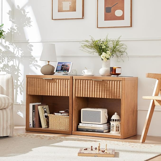 LEYAOYAO Fluted Farmhouse Nightstand Set of 2 with Charging Station, 23" Wide 1 Drawers End Table,Brown Dresser for Bedroom,Bed Side Table Chest of Drawers Cabinet,Wood Night Stand for Living Room
