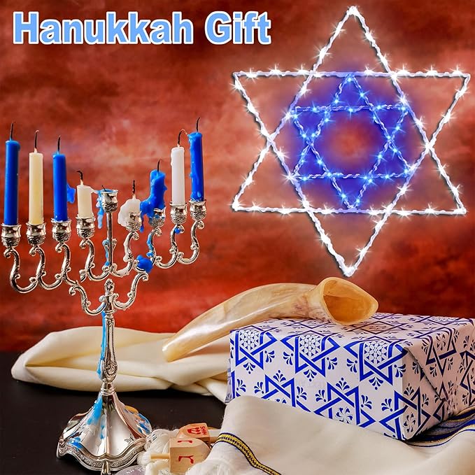 Hanukkah Decorations Chanukkah Window Lights, 8 Lighting Modes USB Powered White Blue 40 LEDs Star of David Silhouette Hanging Lights with Iron Frame 11.8 x 10 Inch Indoor Decor(1PACK)