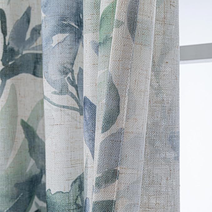 MYSKY HOME Linen Curtains 90 Inch Length Light Filtering Two Pages Pinch Pleated Curtains for Living Room Floral Printed Privacy Protect Drapes Set Natural Window Treatment 2 Panels,Sage and Natural