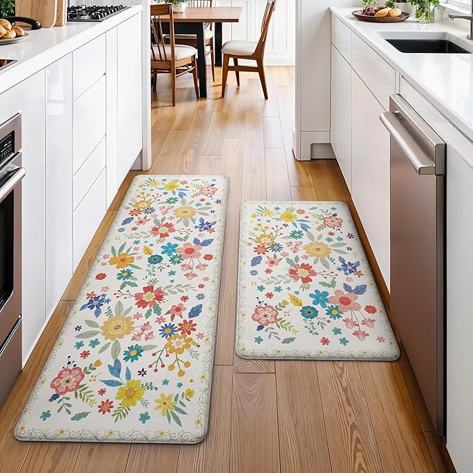 GENIMO Kitchen Mats for Floor 2PCS, Cushioned Kitchen Rugs Non Slip Washable, Farmhouse Anti Fatigue Mat Waterproof, Comfort Standing Mat Rug for Office, Home, Laundry, 17.3"x59"+17.3"x30", SoftWhite