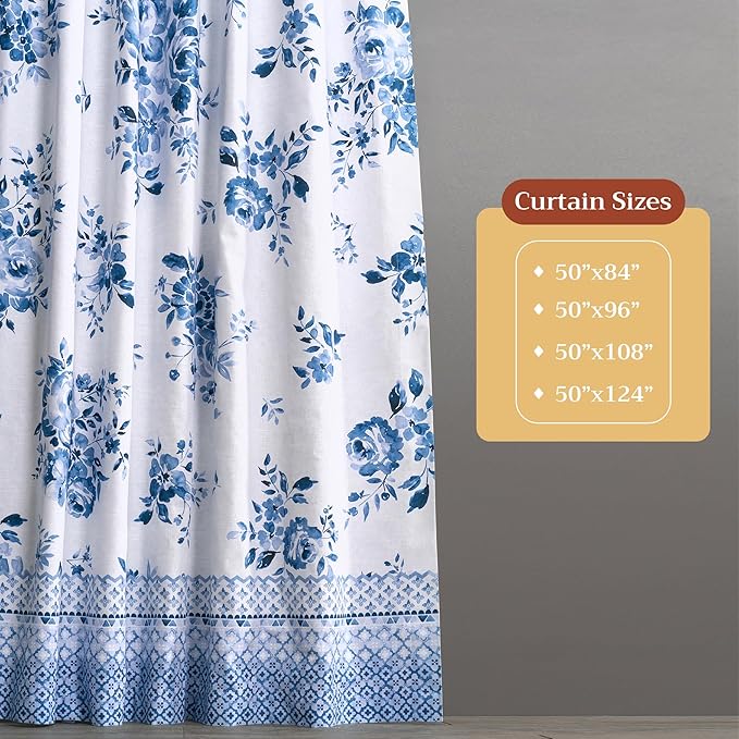 Maison d'Hermine Curtains for Living Room 100% Cotton 124 inch Length One Panel Window Curtains for Bedroom with Loop & Rod Pockets - Rose Garden - Blue, 50" W x 124" L
