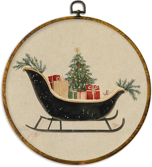 XPH Vintage Christmas Sleigh Round Wall Art Framed, Rustic Winter Christmas Circle Wall Decor, Neutral Cozy Winter Xmas Hanging Canvas Prints for Home Bedroom Living Room Decoration, 10x10 Inch