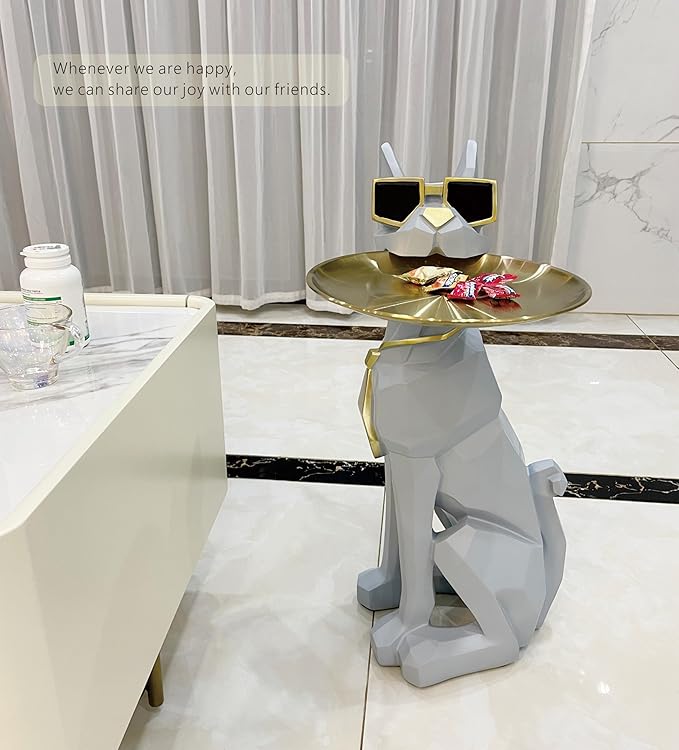 Beautiful and Elegant Decorative Pieces for Home, Dog Side Table with Tray and Storage,Dog 3D Sculpture Coffee Table Unique Home Decor(Gray)