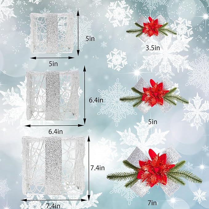 Christmas Decorations, Set of 3 Christmas Lighted Gift Boxes, Decorative Acrylic Light Up Present Gift Boxes with Timer for Weddings Holiday Indoor Outdoor Xmas Tree Decor