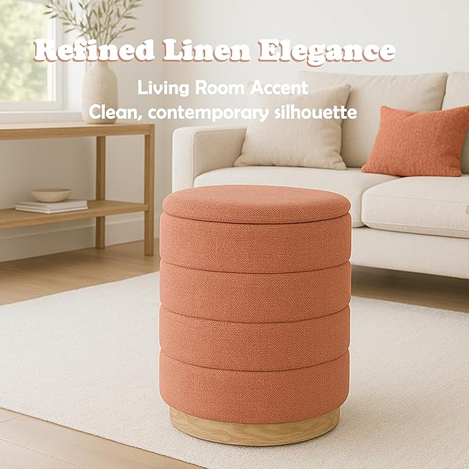 Round Ottoman with Storage โ Elegant Durable Linen Upholstered Footrest Bench for Living Room, Cylinder Vanity Stool โ Coral Orange