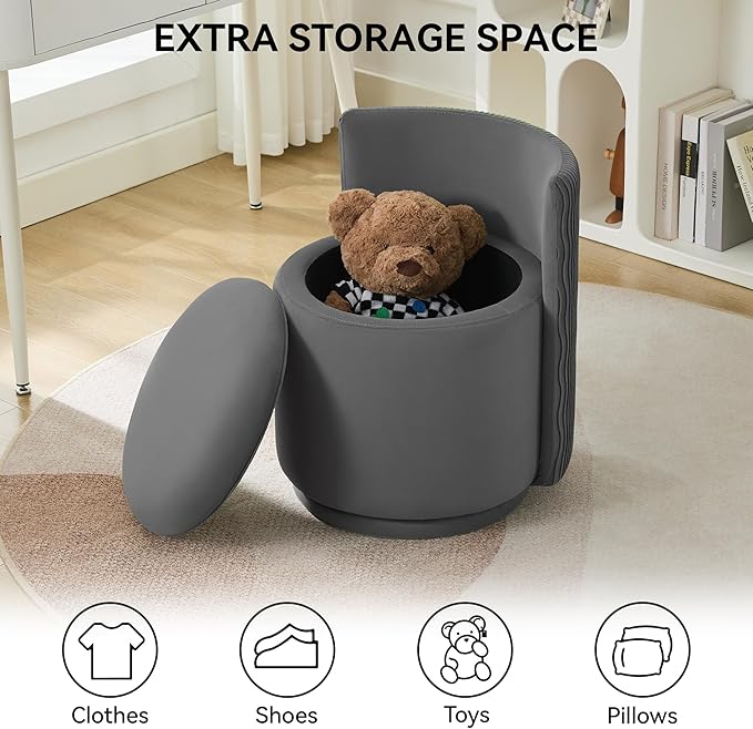Velvet Vanity Chair with Storage, 360° Swivel Makeup Chair with Wave Back, No Assembly Small Accent Stool for Bedroom, Dressing, Living Room, Grey