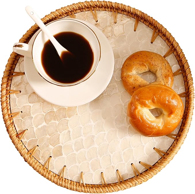 Round Rattan Tray with Mother of Pearl Inlay & Wooden Base - Decorative Wicker Serving Tray for Coffee/Bread/Fruits, Food Storage & Display - Multipurpose Home Decor (M,Fish Scales)