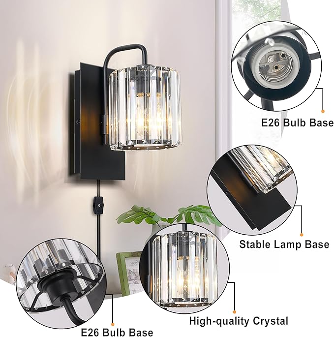 Plug in Sconces, Square Crystal Sconce Black Plug in Wall Sconce Modern Crystal Wall Lamp with On Off Dimmer Cord, Glass Wall Light Fixtures for Living Room Bedroom Hallway Bedside