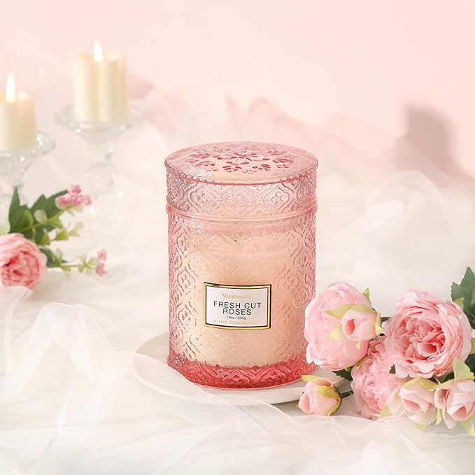 Rose Scented Candles, Mothers Day Candles Gifts for Women, Pink Luxury Large Decorative Candle in Glass, 19oz Natural Soy Wax for Home