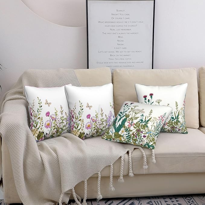 Wildflowers Throw Pillow Covers 18x18 Set of 4 Farmhouse Decorative Pillow Covers Floral Outdoor Patio Pillow Cases Cushions Cover for Living Room Couch Sofa Bed Home Decor