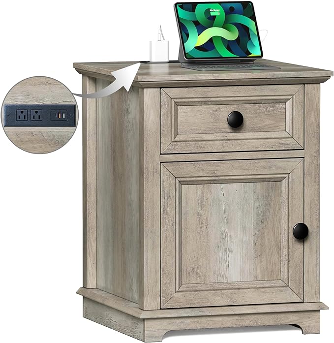 End Table with Charging Station, 18" Side Table with Drawer, Bedside Table Living Room, 24" Tall Nightstand with Drawer for Bedroom, Light Grey.