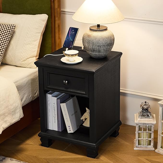Farmhouse End Tables Living Room with Drawer, Rustic Wood Nightstand with Charging Station, Bedside Table with Open Shelf for Bed Room, Living Room, Black