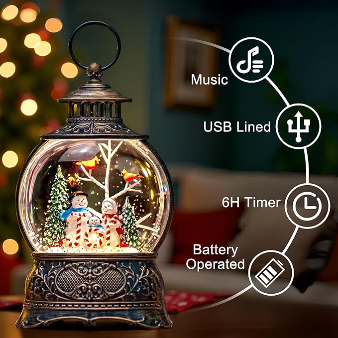 9.8" Christmas Snow Globe Water Lantern with Joy and Snowman Family Scene Battery Operated or USB Powered Musical Lighted Holiday Decoration for Tabletop Display for Family and Friends