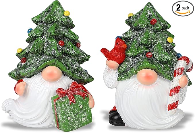 MorTime Set of 2 Christmas Gnomes Table Decorations, Resin Gnome with Gift Box Xmas Tree Snowflake Centerpieces for Desk Shelf Fireplace Winter Holiday Christmas Decor