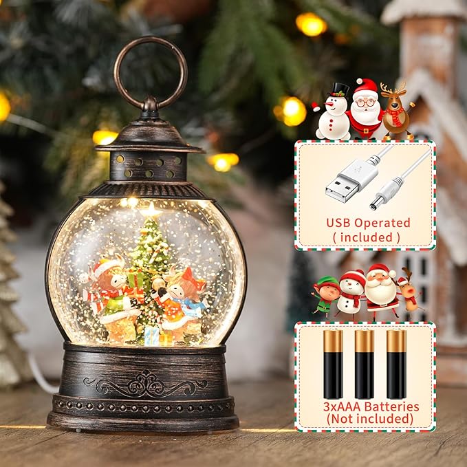 Christmas Snow Globes Lantern, Winter Scene with Yak Christmas Tree, Musical Snowglobe with LED Lights & 6h Timer Swirling Glitter Decortaions Gifts, USB/Battery Powered