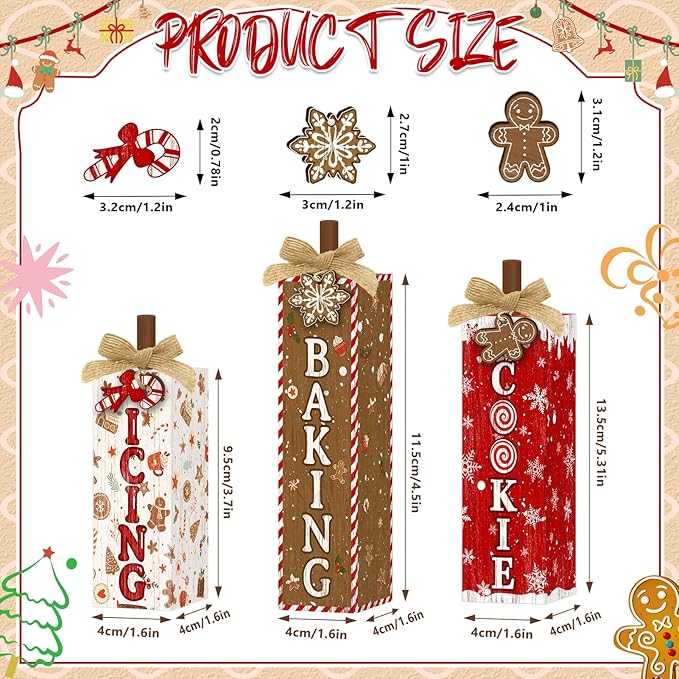 Britimes 3 Pcs Christmas Baking Wooden Table Block Signs, Farmhouse Gingerbread Candy Cane Cookie Print Tiered Tray Decor Rustic Holiday Tabletop Centerpieces for Kitchen Home Winter Decorations