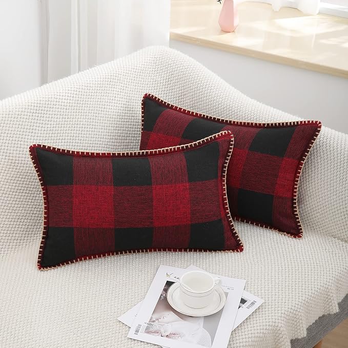 decorUhome Christmas Buffalo Plaid Check Throw Pillow Covers 12x20 Set of 2, Farmhouse Gingham Lumbar Linen Decorative Pillow Covers with Stitched Edge for Bed Couch Sofa, Red and Black