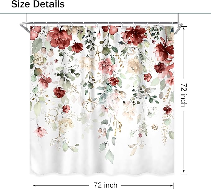 Red Floral Shower Curtain 72Wx72L Inch Burgundy Flower Rustic Watercolor Plant Green Eucalyptus Leaf Wildflower Botanical Bathroom Set Spring Pretty Bath Curtain Bathtub Accessories Home Decor