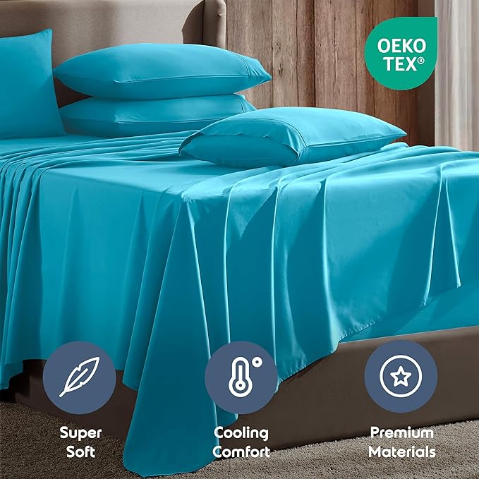 Nestl Extra Deep Split King Sheet Set - 7 Piece Breathable & Cooling Sheets - Hotel Luxury Bedding Set w/18-24 Inch Deep Pockets - Easy & Secure Fit - Super Soft, Wrinkle Free & Comfy - Bright Blue
