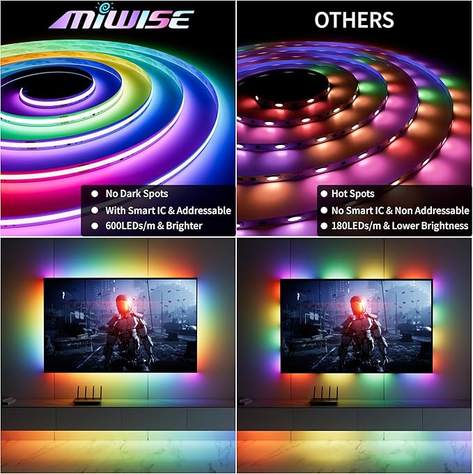 MIWISE RGB Smart IC COB LED Strip Lights, USB LED Strip Light Addressable, Color Changing with Music Sync, Multiple Colors App Control, Works with Alexa and Google for TV, Bedroom, Cabinet, 9.84ft